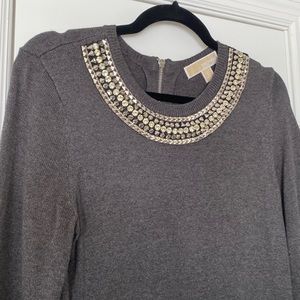 Michael Kors Bedazzled Neck Gray Sweater Dress